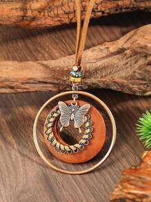 TopHanqi 1pc Vintage Coffee Color Butterfly Pendant Necklace, Multilayer Geometric Round Circle Wooden Ring Design, Suitable For Women To Pair With Daily Outfits And Party Accessories, Gift