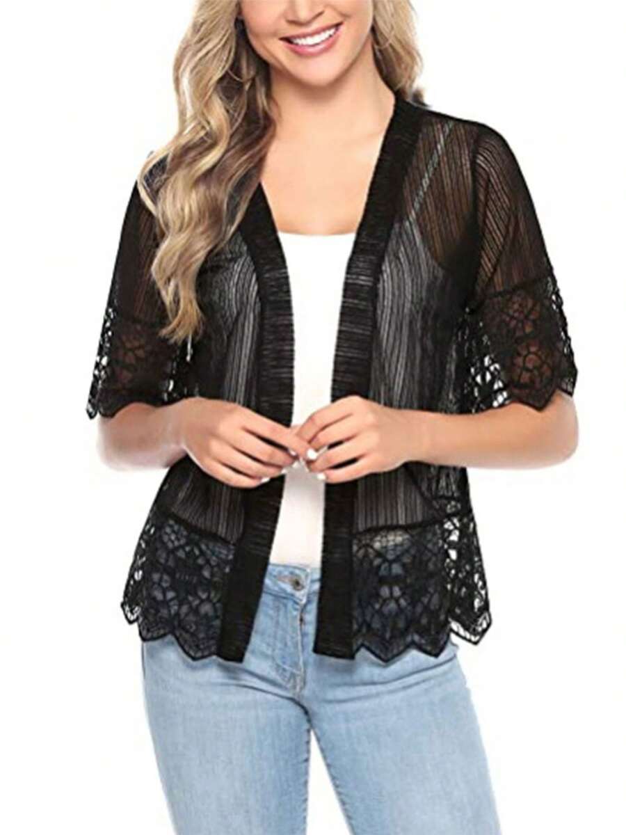 Womens Open Front Shrug, Short Sleeve Solid Color Lace Patchwork Sheer Bolero Cover Up - Black - View 1