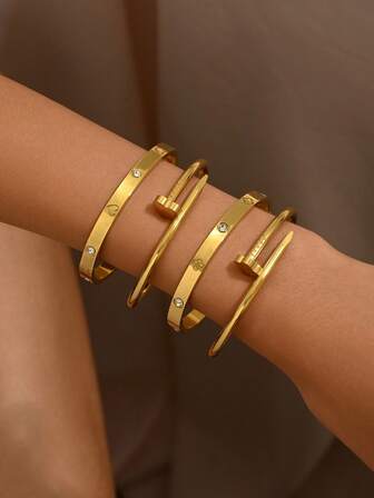 Złote bransoletki ze stali nierdzewnej z cyrkoniami, wkładka z cyrkonii, bransoleta ze stali tytanowej, polerowanie lustrzane, powłoka próżniowa, niełatwe do wyblaknięcia, modny klasyczny styl, nadaje się do codziennego noszenia, złota bransoletka