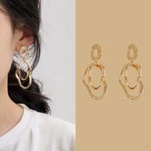 1 Cặp bông tai tròn kim loại hình học nhiều lớp không đối xứng dành cho nữ, thời trang - Vàng - Xem 1