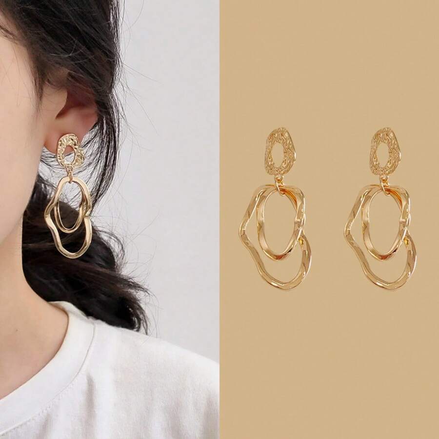 1 Cặp bông tai tròn kim loại hình học nhiều lớp không đối xứng dành cho nữ, thời trang - Vàng - Xem 1