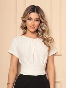 ONLYONE - SHORT SLEEVE CROPPED TOP IN DUNAS FABRIC WITH ADJUSTABLE TIE AT THE BACK - WOMEN'S TOPS  TOPS - Rượu sâm banh - Xem 5