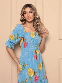 Women's Midi Dress | Crepe With Elastec L Flower L Shoulder To Shoulder. - 水鴨藍 - 查看 5