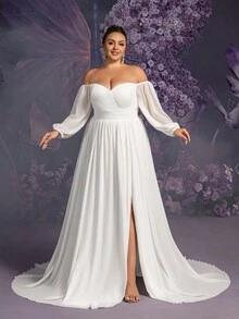 Faeriesty Off-The-Shoulder Wrap-Style Wedding Dress, Elegant White Long Sleeve Bridal Gown, Bride