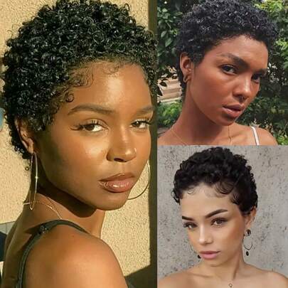 1pc Short Curly Elf Wig, Pre-Plucked Hairline With Baby Hair, 100% Human Hair, 2025 New Short Afro Kinky Curly Wig, Brazilian Remy Hair, 150% Density, Water Wave Short Human Hair Elf Wig, 3 Seconds To Wear, Full Machine Weft, Natural Black Color, Medium Cap Size, Fits 22.5 Inch Head Circumference, Suitable For Birthday Party/Travel, On Promotion