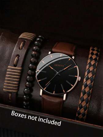 1pc Men Round Pointer Quartz Watch & 3pcs/Set Bracelet As A Gift For Students Returning To School