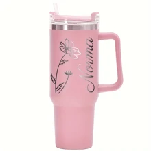 Customized Stainless Steel Insulated Tumbler With Handle And Straw, Personalized Engraved Travel Mug, Cute Sweet Pink Color Cup, Birthday Gift For Her, Best Friend Gift