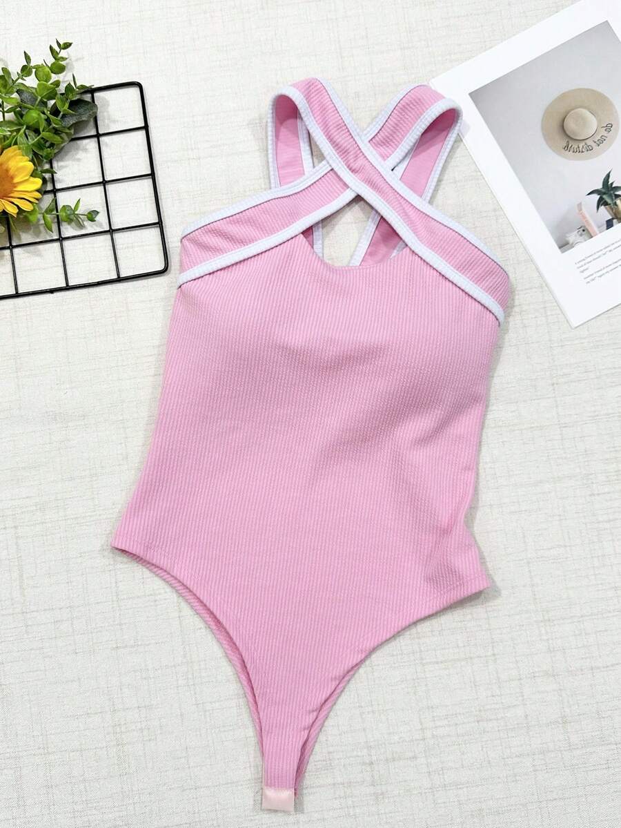 2024 Bodysuit Made Of Cotton And Elastane, Stretchy With Beautiful, Fashionable Cups - Hồng - Xem 1