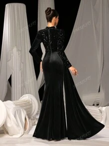 Faeriesty Elegant Velvet Mermaid Tail Maxi Dress With Sparkling Sequin Embroidery | Luxury Evening Dress For Black Tie Galas, Weddings, And Cannes Parties, Party Dress, Wedding Guest Dress, Formal Dress,Gown