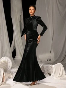 Faeriesty Women Elegant Elegant Velvet Mermaid Tail Maxi Dress With Sparkling Sparkly Sequin Embroidery | Luxury Evening Dress For Black Tie Galas, Weddings, And Cannes Parties,Summer Holiday Outfits - Black - View 5