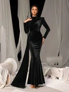 Faeriesty Women Elegant Elegant Velvet Mermaid Tail Maxi Dress With Sparkling Sparkly Sequin Embroidery | Luxury Evening Dress For Black Tie Galas, Weddings, And Cannes Parties,Summer Holiday Outfits - Black - View 6