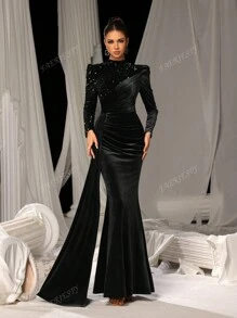 Faeriesty Elegant Velvet Mermaid Tail Maxi Dress With Sparkling Sequin Embroidery | Luxury Evening Dress For Black Tie Galas, Weddings, And Cannes Parties, Party Dress, Wedding Guest Dress, Formal Dress,Gown