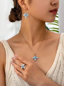 1 套时尚可爱嘻哈个性风格飞机装饰吊坠耳环项链戒指，适合女孩和女士日常约会办公室学校离别佩戴 - 藍色 - 查看 1