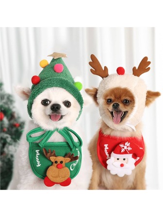2 stuks/set kerstmuts en slabbetje voor huisdieren, kleding voor katten/honden, winteraccessoires, geschikt voor huisdieren van 8-15 lbs