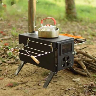 Outdoor Camping Portable Iron Alloy Folding Wood Stove With Grill, Black Iron Campfire Stove For Camping, Barbecue, Tent