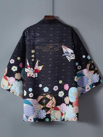 复古传统纸鹤与花卉印花和服罩衫，日式风格改良汉服羽织短外套，3/4 袖，轻便休闲罩衫外套