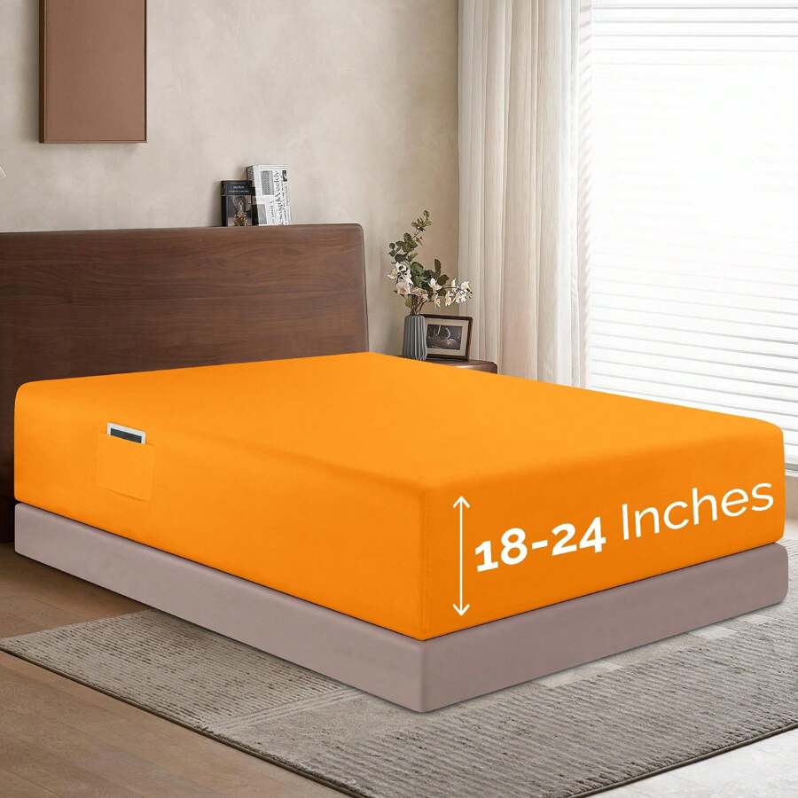 Elegant Comfort Luxury 1pc Extra Deep 18-24 Inch Deep Pocket Fitted Sheet - All Around Elastic Bedding Mattress Covers With Deep Pocket Up To 24 Inch And Double Sided Storage Pockets, Ultra Soft Machine Washable Luxury 1-Piece Bed Fitted Sheet - Fade And Wrinkle Resistant Premium Hotel Quality Twin/Full/Queen/King/Cal King Fitted Sheet, Christmas Decorations Gifts, Cozy Winter Styles, Bright Shades - 橘色 - 查看 1