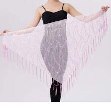 Hüfttuch für Frauen beim Bauchtanz mit Pailletten und Quasten, dreieckiges Wickelrock Hüftkette (Gesamtlänge 150cm)
