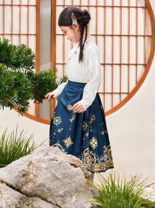 女童长袖连衣裙套装 2024 秋季时尚两件套服装 - 白藍色 - 查看 2