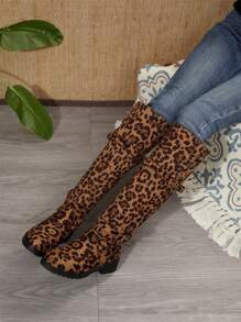 Women's Knee-High Boots, Comfortable & Versatile, Fashionable Leopard Print, Suitable For Casual Occasions, Flat Heel, Rubber Outsole, Fabric Upper, Button Design