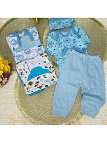 3-Piece Newborn Girl/Girl Kit - 1 Long-Sleeved Bodysuit, 1 Pair Of Pants/Shorts And 1 Cap - Baby Set In 100% Cotton Suedine Fabric - Baby Layette - 藍色 - 查看 2