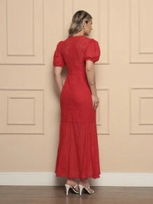 ONLYONE - WOMEN'S LONG DRESS WITH PUFFED SHORT SLEEVES AND FRONT BUTTONS IN 100% COTTON LAISE - WOMEN'S DRESSES - 紅色 - 查看 2