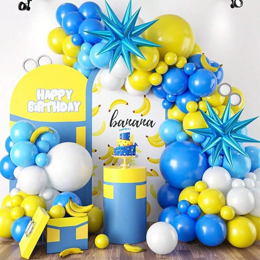 Bộ 107 vòng hoa vòm bóng bay màu vàng, xanh dương và trắng, chủ đề hoạt hình, bộ dây bóng bay màu xanh dương, vàng và trắng với bóng bay lá kim hình ngôi sao màu xanh dương 22 inch dùng cho phông nền chụp ảnh tiệc sinh nhật chủ đề bọt biển hoạt hình, trang trí đám cưới - Nhiều màu - Xem 1