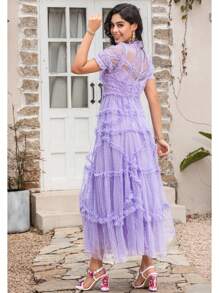 Summer New High Quality Women's Solid Color Frill Mesh Embroidered Dress Round Neck Short Sleeve Polka Dot Frill Hem Dresses,Party Dress,Gown,Formal,Evening,Wedding Guest - Mauve Purple - View 5