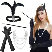 5 件 20 世纪 20 年代女士复古配饰套装，派对头带，珍珠项链，手套，手饰，节日和派对服装舞会