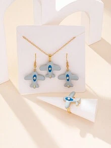 1 套时尚可爱嘻哈个性风格飞机装饰吊坠耳环项链戒指，适合女孩和女士日常约会办公室学校离别佩戴 - 藍色 - 查看 2
