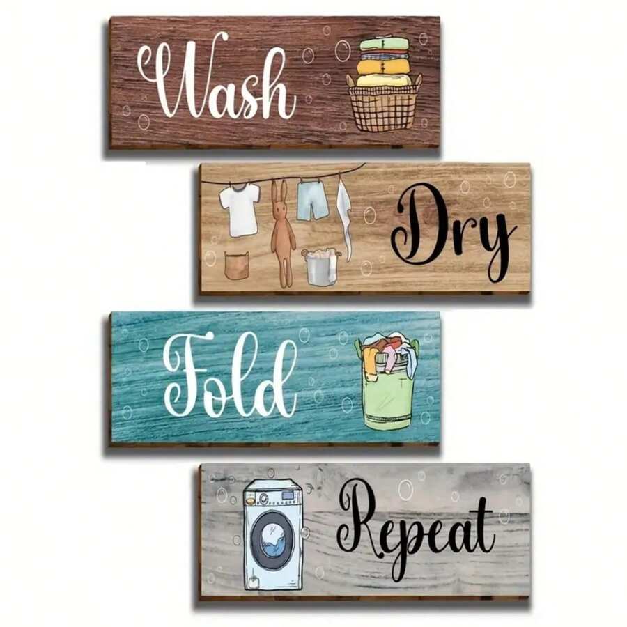 4pcs Wooden Laundry Room Rule Sign Set - Vintage Style Wash Dry Fold