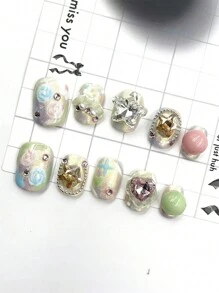 10 件/套 DIY 手工制作简约百搭手绘图案，纯手绘彩虹流光短款镶钻花朵，包括短方形假指甲、1 件果冻凝胶和 1 件指甲锉，非常适合日常生活和派对装扮按压指甲美甲用品（显示卡随机） - 彩色 - 查看 1