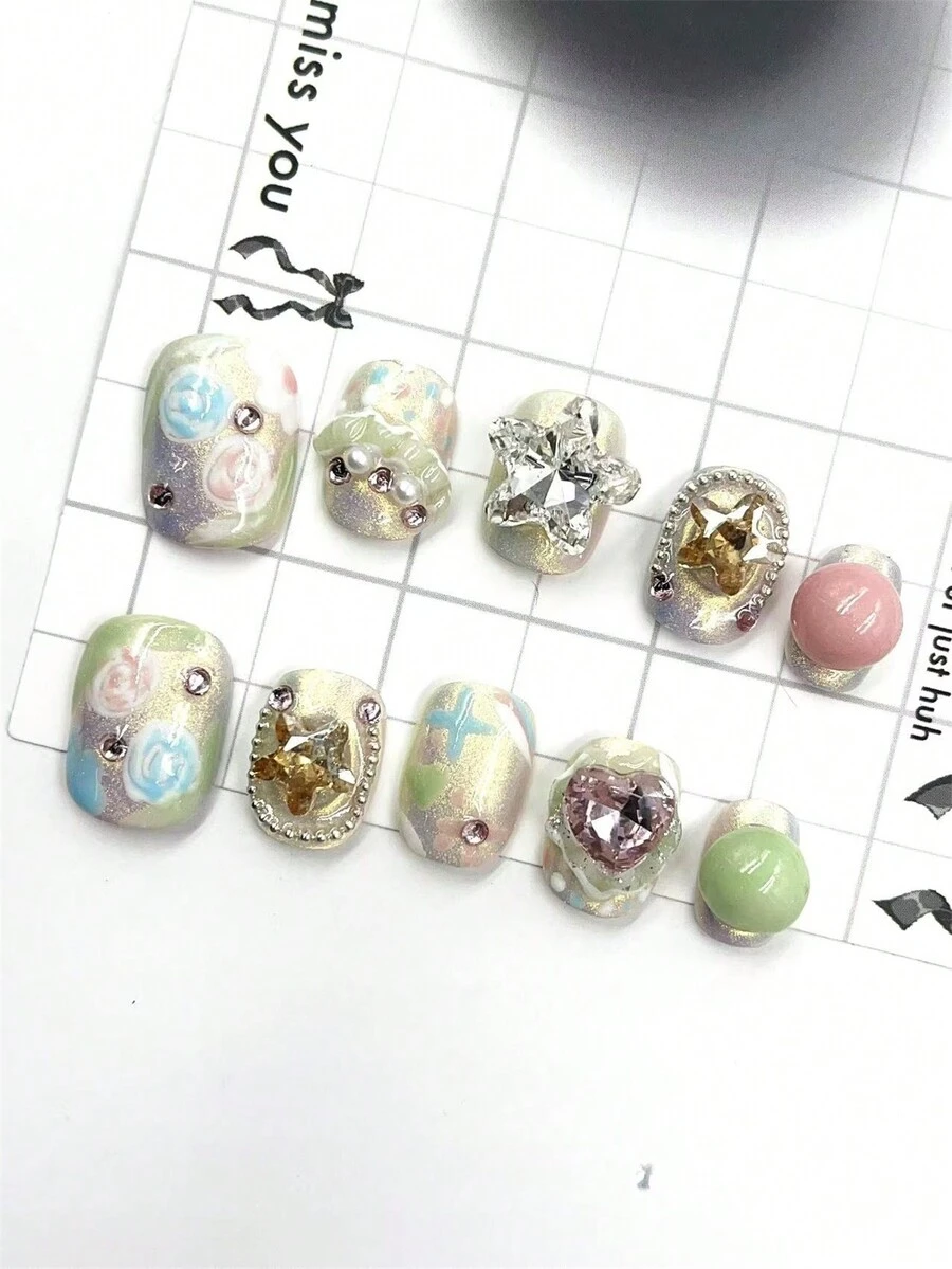 10 件/套 DIY 手工制作简约百搭手绘图案，纯手绘彩虹流光短款镶钻花朵，包括短方形假指甲、1 件果冻凝胶和 1 件指甲锉，非常适合日常生活和派对装扮按压指甲美甲用品（显示卡随机） - 彩色 - 查看 1