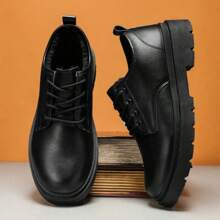 Men's Business Casual Brogue Shoes, New Thick Sole Leather Design, Thermal Lined Warm, Classic British Style, Suitable For Cargo And Daily Wear, Elegant And Sophisticated Oxfords For Gentlemen - Black - View 3