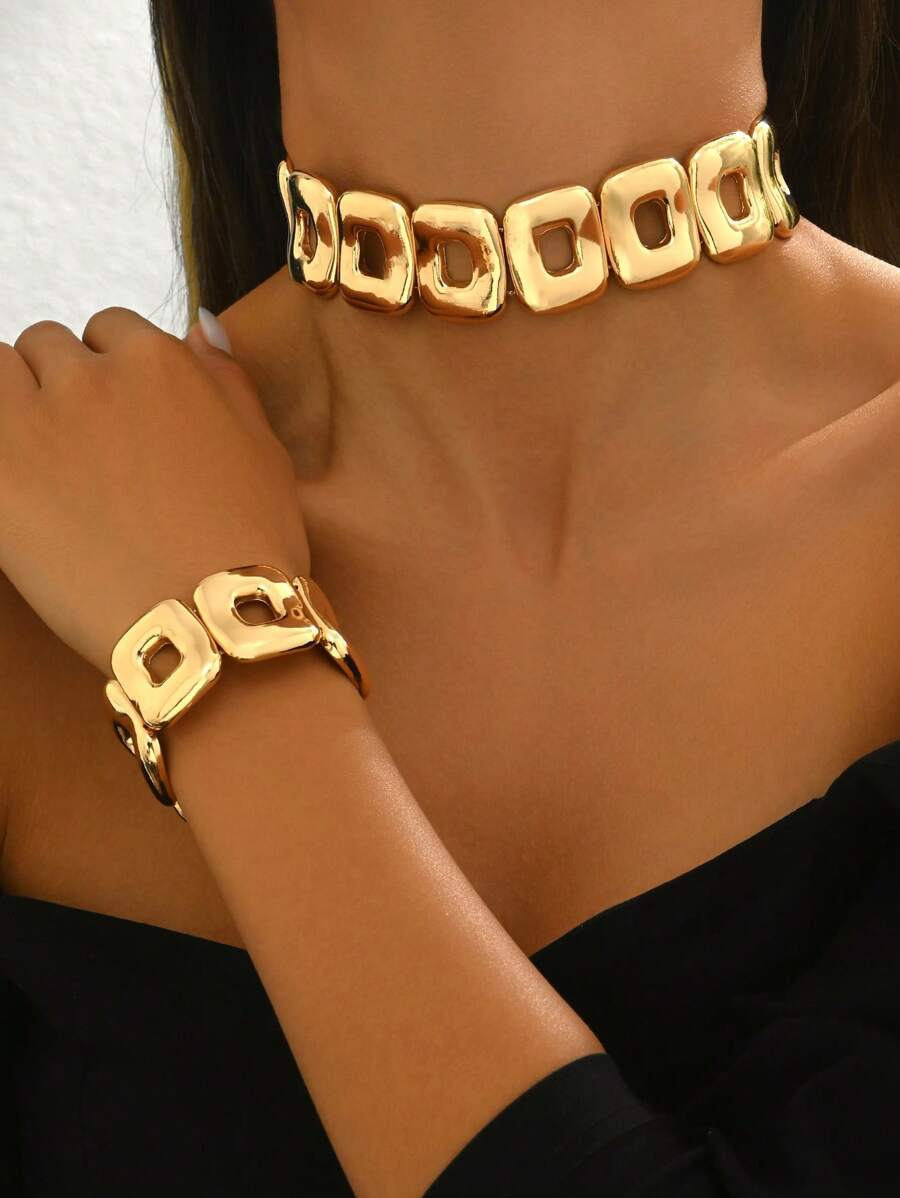 2pcs/Set Metal Geometric Hollow Rectangle Layered Necklace & Bracelet Jewelry Set - Gold - View 1