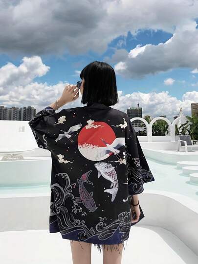 Bata hanfu con estampado de carpa de buena suerte de estilo vintage chino de 3/4 de manga, kimono suelto informal, chaqueta de cárdigan, de peso ligero para primavera y verano, prenda exterior unisex para pareja, disfraz para actuación