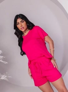 Women's Set In Fleece Fabric Comprising Shorts And Short Sleeve Cropped Top - 玫紅色 - View 4