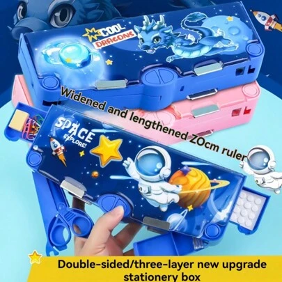 1 件多功能 3 层双面大容量学校用品收纳铅笔盒，配有剪刀、笔刀、尺子、橡皮擦、日程表、干擦记号笔 回到学校，回到学校，学校用品，铅笔袋，书包