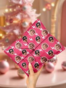 1pc Customized Face Pattern Gift Wrapping Paper, Personalized Face Design Gift Wrap, Pink Gift Packaging Paper, Inspired By Mars And Rose's New Song "Apateu", APT Wrapping Paper For Friends, Suitable For Christmas, Parties, Celebrations, An Ideal Gift For Him, Also Applicable For Tea Room, Home, Garden, Office, Anniversary, Valentine's Day, Mother's Day, Birthday, Father's Day, Graduation, Wedding, Housewarming - Customized Two Faces + White Lightning - View 2
