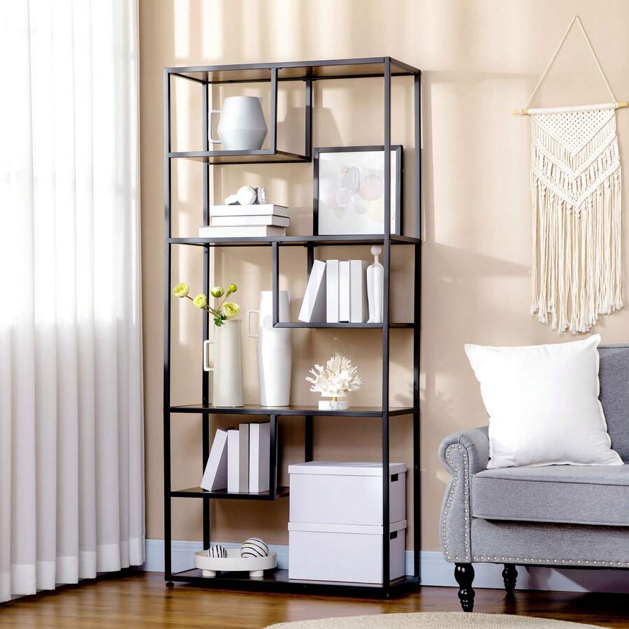 HOMCOM 7 Tier Ladder Shelf, Industrial Book Shelf, Metal Shelving Unit For Living Room, Study, Bedroom, Rustic Brown - Brown - View 1