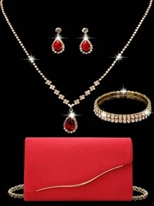 Túi xách GZCS BAG Bộ trang sức đính đá lấp lánh 4 món, vòng cổ, hoa tai, vòng tay, dành cho nữ, túi cầm tay buổi tối, túi đeo vai cô dâu, túi nhung thanh lịch, ví cầm tay cho nữ, túi dự tiệc, túi cầm tay cầm tay lấp lánh đa năng, ví cầm tay dự tiệc cocktail, túi dự tiệc - Đỏ - Xem 1