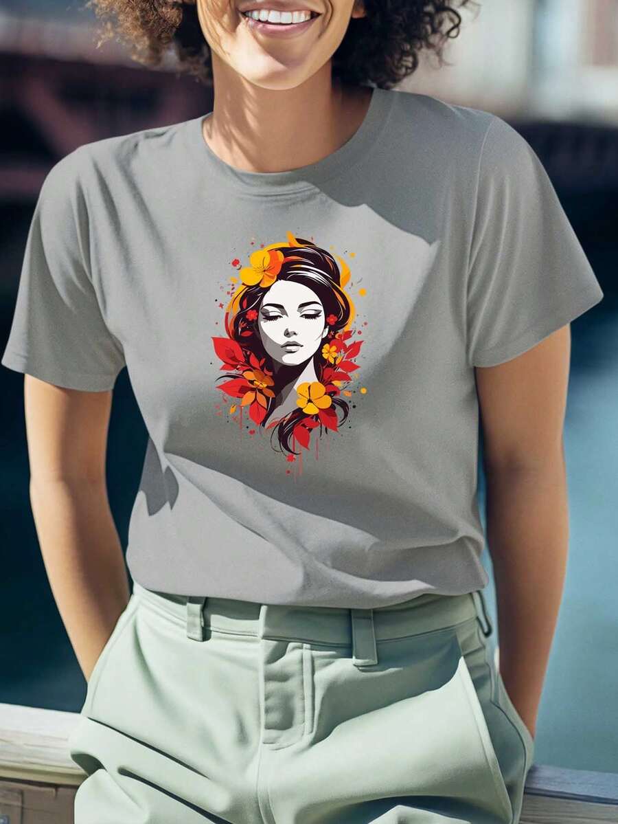 Baby Look T-Shirt Women's T-Shirt Colorful Minimalist  Printed Various Colors 100% Cotton - Xám - Xem 1