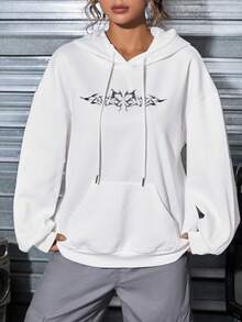 Basic Graphic Print Kangaroo Sweatshirt - 白色 - 查看 5