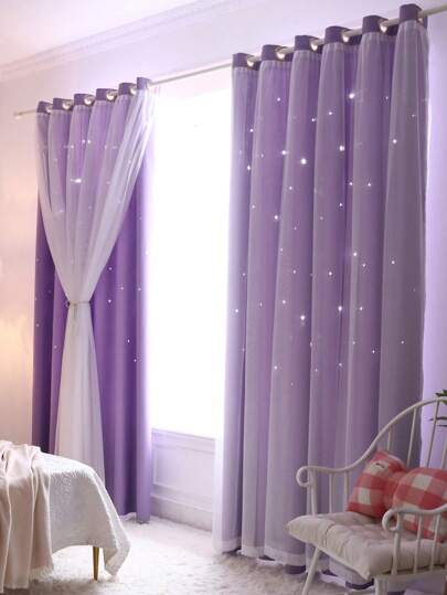 1pc Hollow Star Blackout Curtain, Double Layer Thermal Insulated Curtain For Bedroom, Lace Curtain Romantic Princess UV Protection