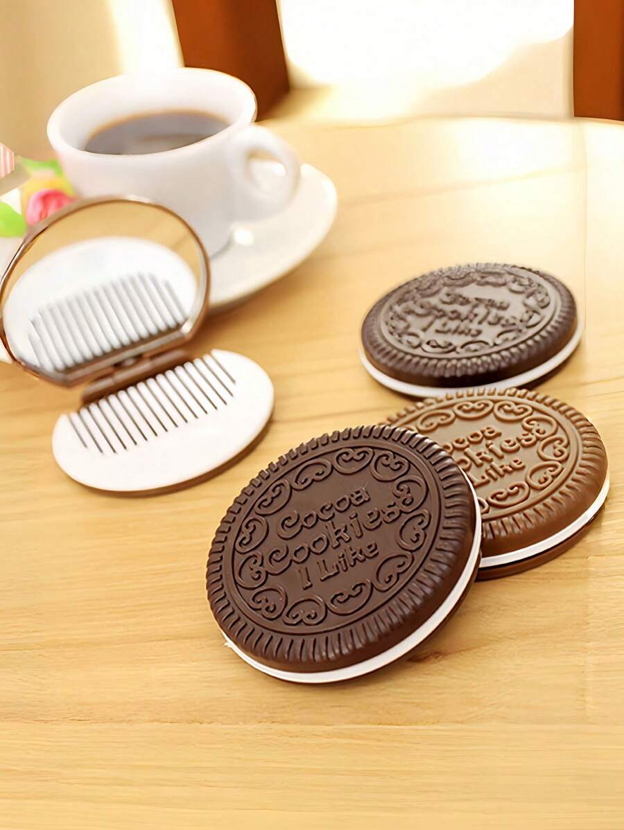 2/4/8pcs Set (Makeup Mirror + Comb) Realistic Chocolate Cream Cookie Makeup Mirror, Cute Princess Portable Folding Round Mirror With Comb, Adorable Cookie Shaped Mirror With Comb, Portable Chocolate Makeup Mirror - Multicolor - View 1