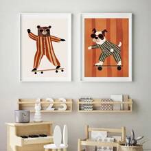 1pc Frameless Funny Animal Poster, Featuring Rabbit, Dog, Bear, Cat, Skateboard Patterns, Canvas Material, Neutral Tones, Suitable For Nursery Decor, Animal Theme - Multicolor - View 6