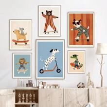 1pc Frameless Funny Animal Poster, Featuring Rabbit, Dog, Bear, Cat, Skateboard Patterns, Canvas Material, Neutral Tones, Suitable For Nursery Decor, Animal Theme - Multicolor - View 5