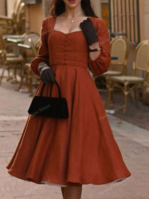 Vestido feminino elegante, simples, cor sólida, manga bufante, bainha flare, outono