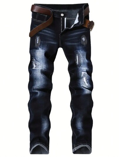 Teen Boy Navy Blue Embroidered Distressed Slim Fit Straight Leg Jeans