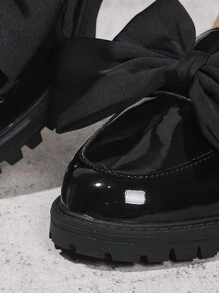 Elegant British Style Women Flats, Fashion Bowknot Decor Loafers, School Style Leather Shoes, Versatile Office Lady Formal Shoes, Comfortable Casual Platform Slip-On, Glossy Black Spring/Autumn Flat Shoes For Work, Shopping, Students